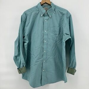 LL Bean Shirt Mens L Teal Plaid Wrinkle Resistant Flip Cuff Preppy Coastal